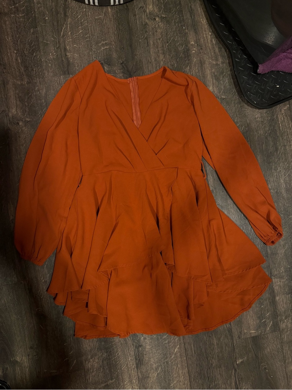 Rust Orange Tiered Long-Sleeve Wrap Dress